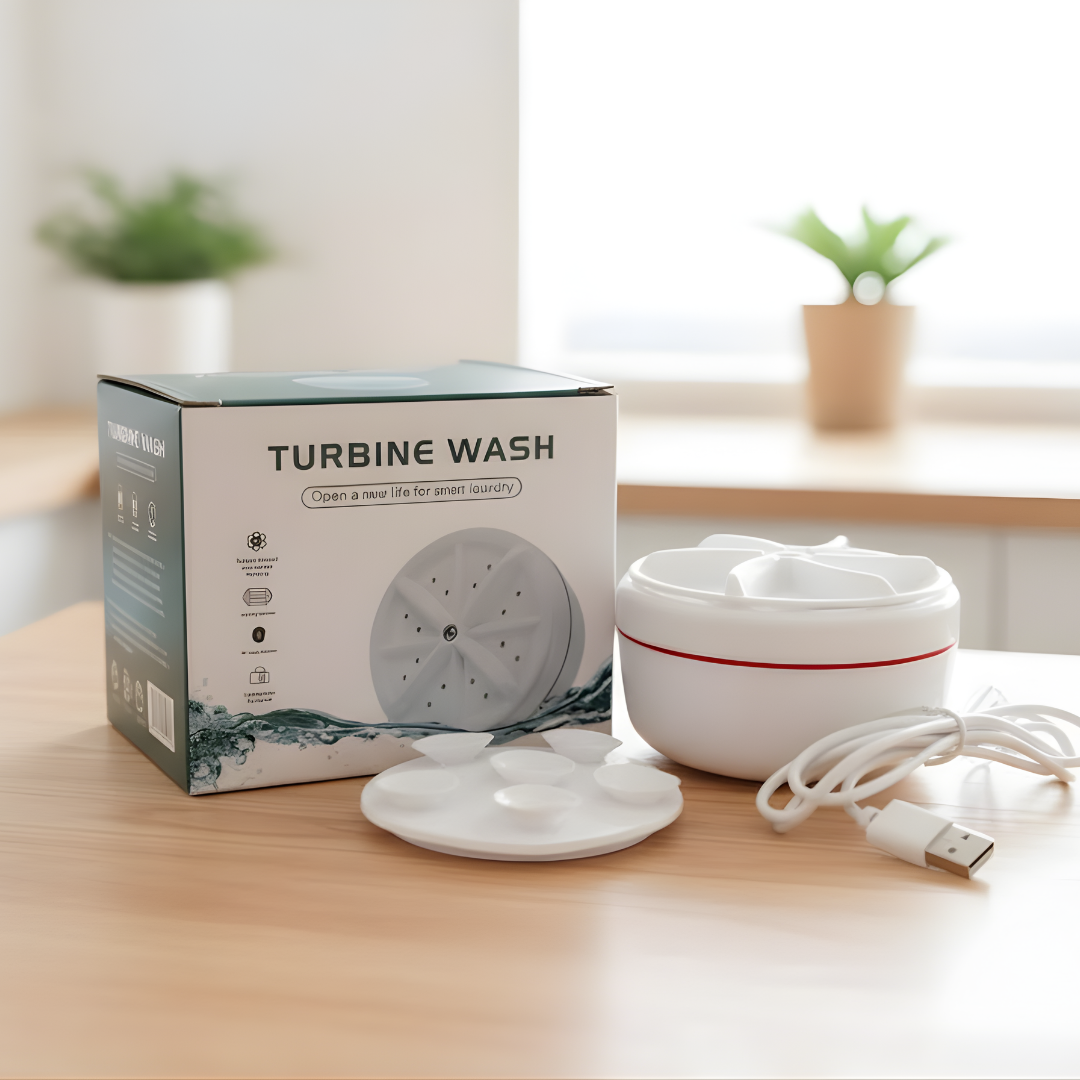 Mini Portable Ultrasonic Washing Machine with packaging, USB cable, and parts on a wooden table.
