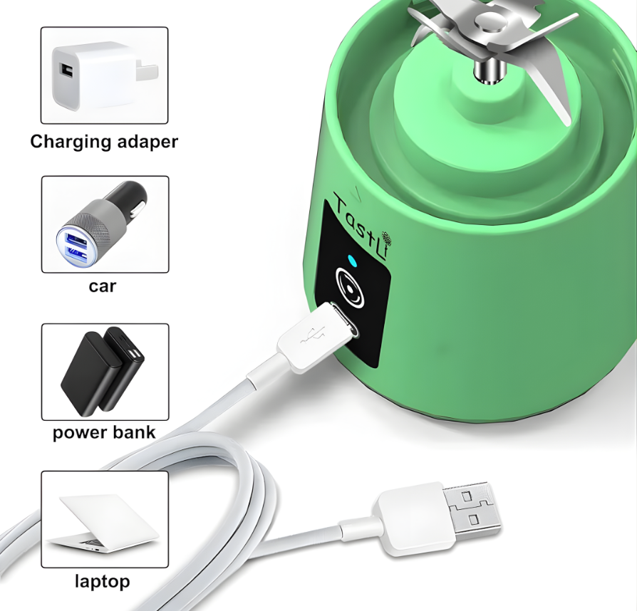 Portable USB Juice Blender charger options including wall adapter, car, power bank, and laptop connection.