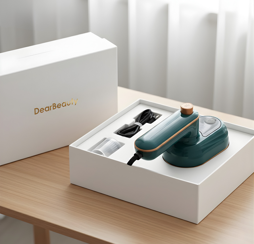 Mini Handheld Steam Iron in packaging with accessories on wooden table.