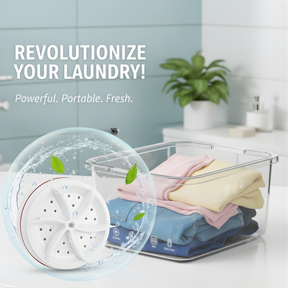 Mini Portable Ultrasonic Washing Machine with clothes, showcasing powerful and portable laundry solution.