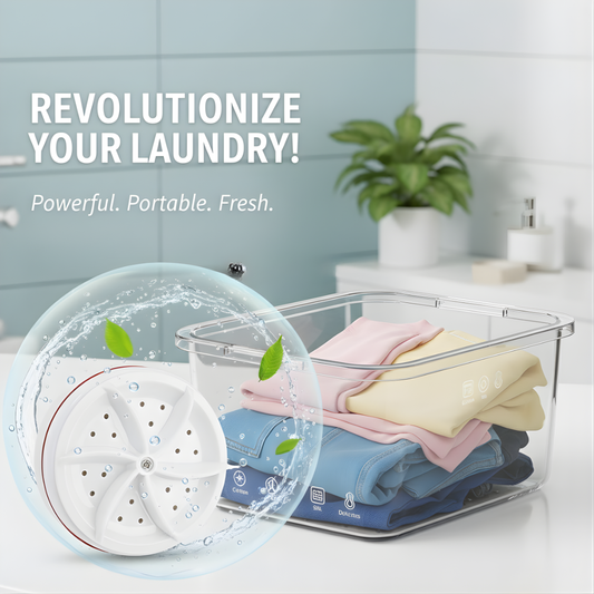 Mini Portable Ultrasonic Washing Machine with clothes, showcasing powerful and portable laundry solution.